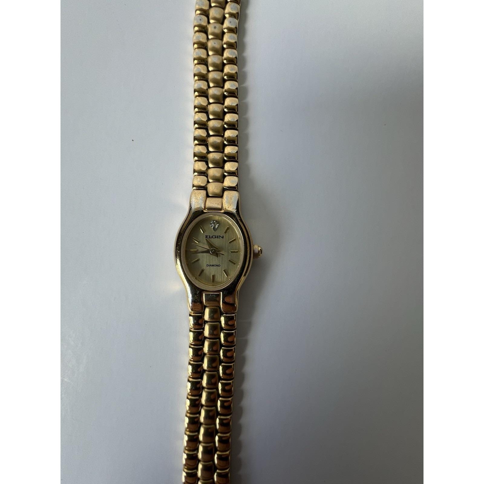 Elgin Watch Womens Gold Tone Diamond Accent 16mm Oval Dial